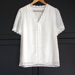 White Chiffon Lined Swiss Dot Short Sleeve Blouse